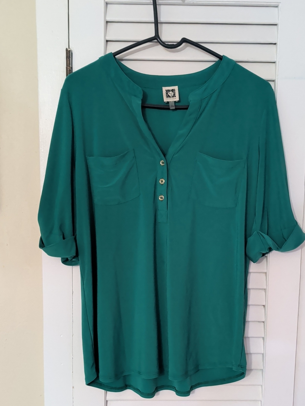 Anne Klein 3/4 Length Sleeve Dress Shirt Green/Blue Sz Large